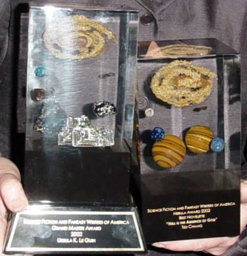 Nebulas Up Close:  Grand Master Award and Ted Chiang's (held by Eileen Gunn)