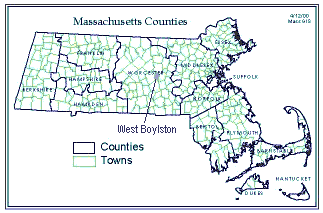 Map of Massachusetts with town boundaries and West Boylston highlighted